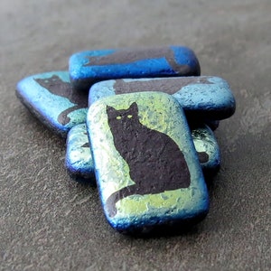 Acid Etched Black Cat Czech Glass AB Finished Rectangle :  6 pc Laser Etched Cat Bead