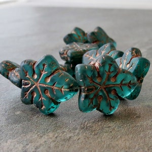 Teal Green Bronze Wash Czech Glass Bead 17x16mm Ivy Leaf Beads : 4 pc Green Leaf Bead