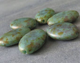 Turquoise Copper Picasso 20mm Oval Czech Glass Bead : 6 pc Large Green Oval