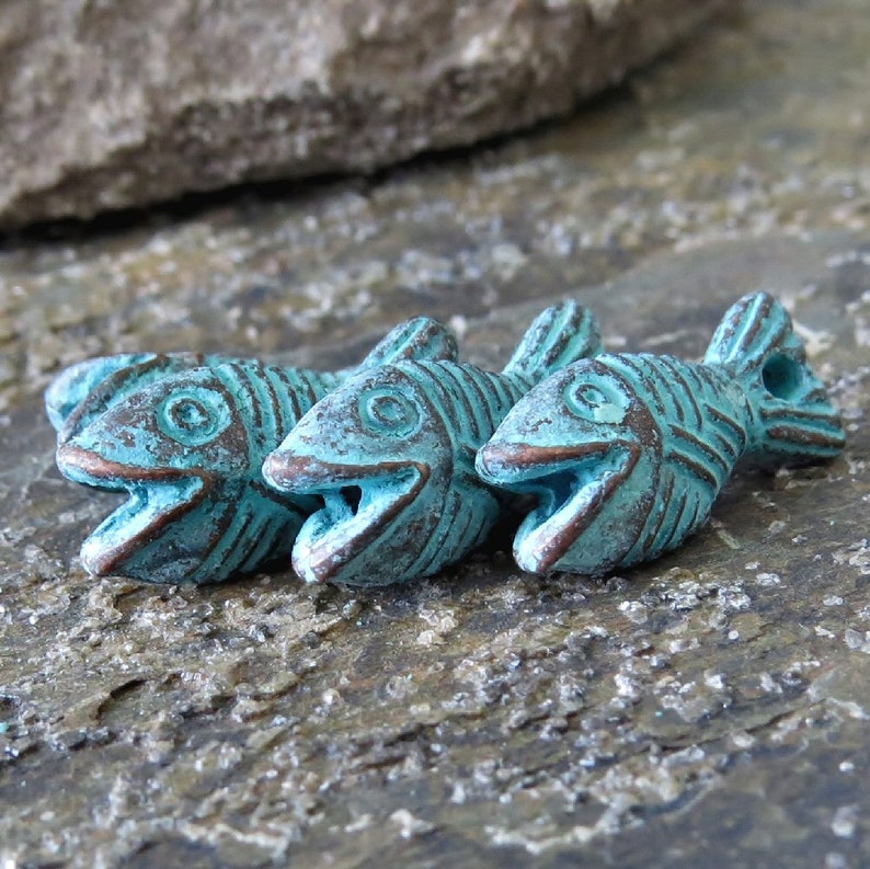 NEW Mykonos Fish Charm Green Patina 16 mm Charm 4 pc Metal Casting Greek Verdigris Fish Cord End