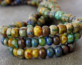 6/0 Czech Glass Seed Bead Caribbean Blue Aged Striped Picasso Seed Bead Mix : 10 inch Strand 6/0 Seed Bead Mix