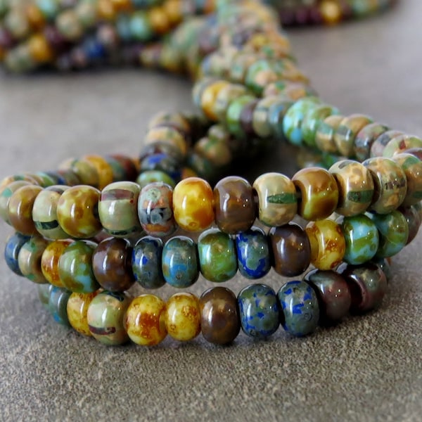 6/0 Czech Glass Seed Bead Caribbean Blue Aged Striped Picasso Seed Bead Mix : 10 inch Strand 6/0 Seed Bead Mix
