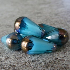 15mm Sky Blue White Bronze Faceted Czech Glass Teardrop Bead : 4 or 6 Beads Dangle Drop