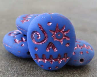 Opaque Blue Metallic Pink Wash Skull Bead Czech Glass 16mm : 4 pc Blue Skull