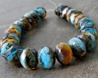 8x6mm Seaside Rondelle Pacific Blue Golden Topaz White Mix Czech Glass Picasso Bead :  12 pc Faceted Rondelle