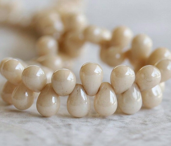 50 Czech Glass Teardrop Beads Smoky Topaz//White