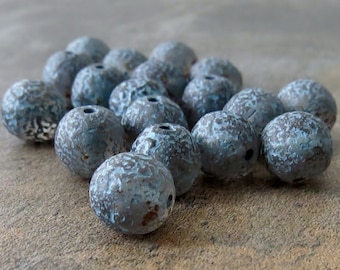 8mm Slate Blue Etched Topaz Picasso Druk Czech Glass Round Bead : 10 or 20 pc Czech Etched Druk Beads