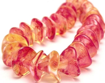 Fuchsia Lemon Three Petal Czech Glass  Flower Bead : 12 pc Pink Yellow Flower