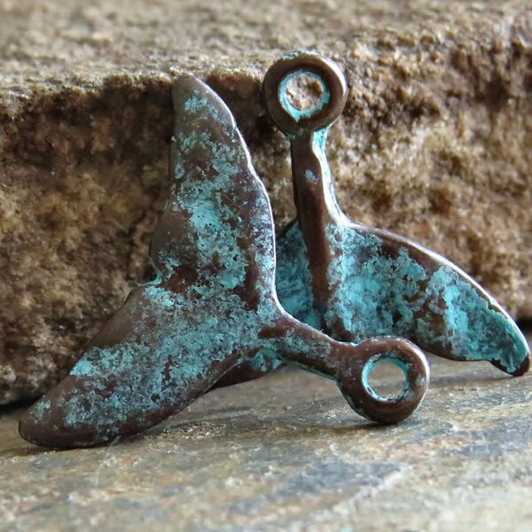 Whale Tail Mykonos Greek 25mm Charm Green Patina :  2 pc Metal Casting Whale Tail Greek Verdigris Charm