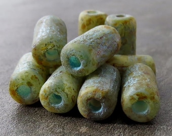 Honey Etched Picasso Turquoise Wash Czech Glass 14mm Tube :  10 pc. Large Hole Tube Bead