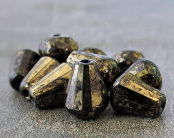 Jet Antique Gold Top Cut Czech Glass Faceted 8x6mm Teardrop Bead : 10 pc Black Gold Teardrop Beads