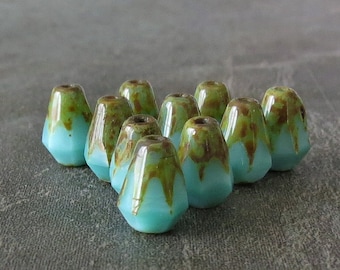 Mint Green Silk Picasso Bottom Cut Czech Glass Faceted 8x6mm Teardrop : 10 pc Czech