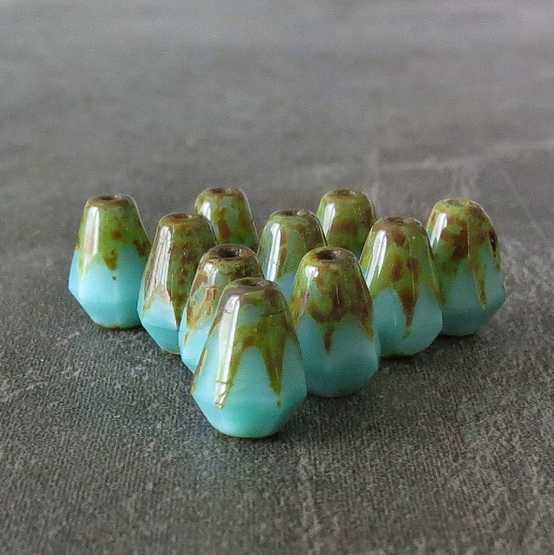 Mint Green Silk Picasso Bottom Cut Czech Glass Faceted 8x6mm Teardrop : 10 pc Czech image 1