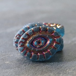 NEW Mystic Eye Czech Glass 14mm Matte Aqua Metallic Volcano Oval Bead : 4 pc Evil Eye Bead