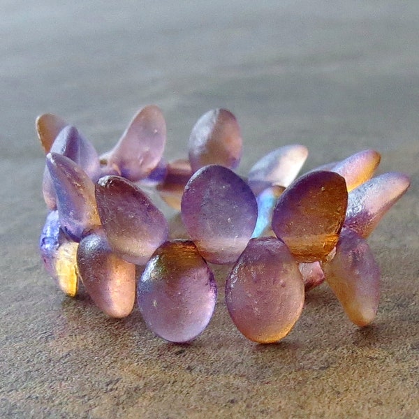 Violet Tangerine Etched AB Czech Glass 6x8mm Flower Tulip  Petal Bead : 25 pc Orange Purple