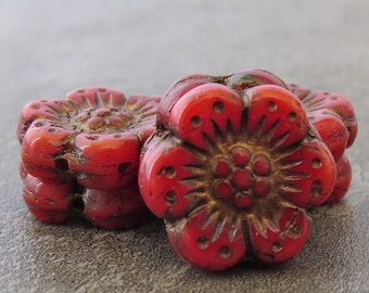 Burnt Opal Orange Dark Bronze Wash Czech Glass 14mm Wild Rose Flower Beads : 6 pc 14mm Flower