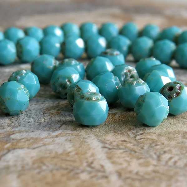 Turquoise Picasso Czech Glass Bead 6mm Renaissance : 25 pc 6mm Turquoise Cathedral
