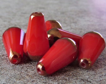 Scarlet Coral White 15mm Faceted Czech Glass Teardrop Bronze Bead : 4 or 6 Beads Dangle Drop