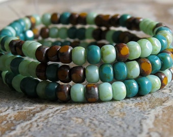 Mustard Turquoise Picasso 3 Cut Czech Glass Picasso Seed Bead Mix : Full Strand 6/0 Tricut Picasso Mix