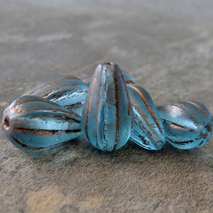 Matte Aqua Blue Opal Melon Drop Czech Glass Dark Bronze Wash 13mm Teardrop Bead : 6 pc Blue Tear Drop