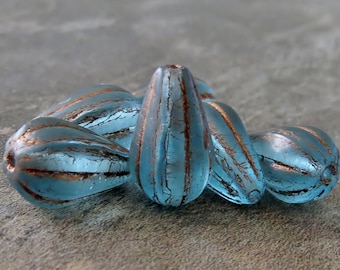 Matte Aqua Blue Opal Melon Drop Czech Glass Dark Bronze Wash 13mm Teardrop Bead : 6 pc Blue Tear Drop