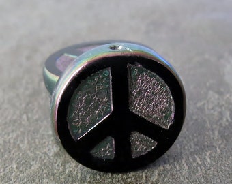 Opaque Black AB Peace Czech 16mm Bead : 4 Pc. Jet Peace Bead