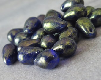 Gold Finish Sapphire Czech Glass Bead 9x6mm Teardrop : 25 pc Full Strand Czech Blue Teardrop Beads