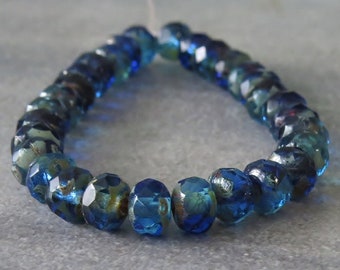 Sapphire Aqua Picasso Mix Czech Glass Beads 5x3mm Faceted Rondelle :  30 pc Full Strand Czech Bead