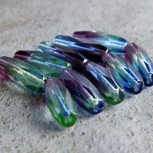 Amethyst Sapphire Jonquil Spaghetti Czech Glass Bead 15mm Long Oval : 10 pc Faceted Tri Color Bead image 2