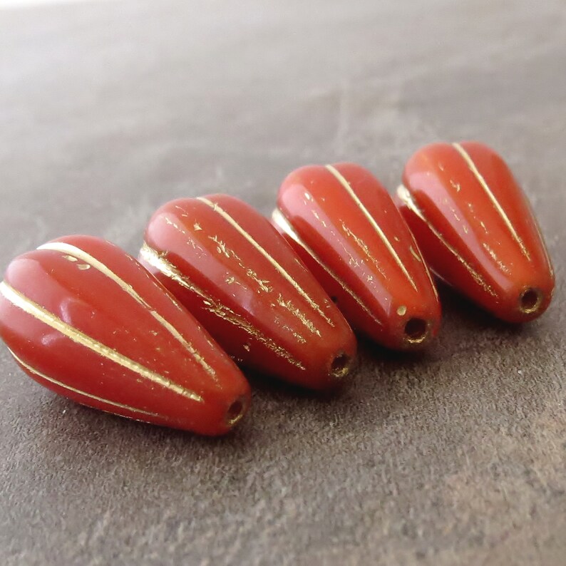 Lady Bug Red Orange Gold Wash 22mm Melon Drop Czech Glass Large Teardrop Bead image 3