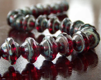 Ruby Picasso Czech Glass Bead 8x10mm Flying Saucer Bead : 10 pc Red UFO
