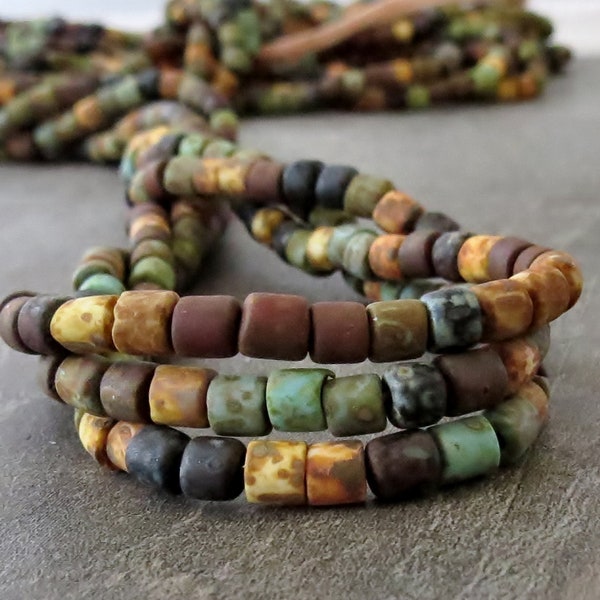 NEW Tundra 6/0 Aged Matte Tile Tube Czech Glass Seed Bead Mix :  10 inch Strand 4mm Picasso Bugle Mix
