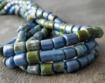 Blue Denim Picasso 6/0 Tile Tube Czech Glass Seed Bead Mix :  10 inch Strand 4mm Picasso Bugle Mix
