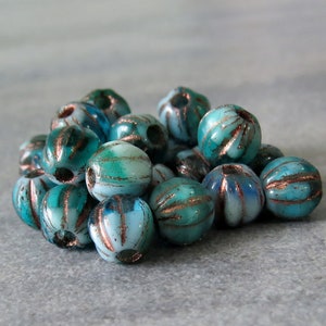 Sea Breeze Large Hole Blue Green Bronze 6mm Melon Czech Glass Round Bead : LAST Full Strand Fluted Bead