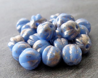 6mm Cornflower Blue Gold Czech Glass Bead Fluted Melon Round : 25 pc Fluted Blue 6mm Bead