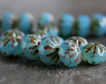 Blue Aqua Opal Picasso Czech Glass Cruller Bead 9x6mm : 10 pc