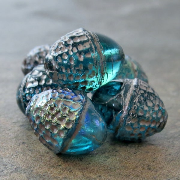 NEW Acorn Bead Teal AB Silver Wash Czech Glass 12x10mm : 6 pc 12mm Acorn Bead