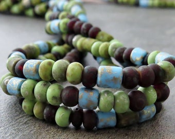 Matte 6/0 Gaia Seed Tile Tube Czech Glass Bead Seed Beads : 10 inch Strand Size 6 Green Blue Picasso Aged Seed Bead Mix