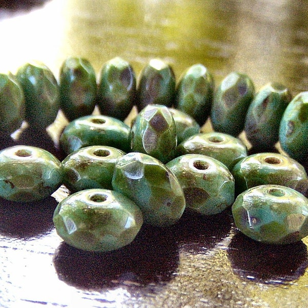 Green Picasso Turquoise Czech Glass Bead 7x5mm Faceted Rondelle: LAST 15 pc Turquoise Gemstone Donut