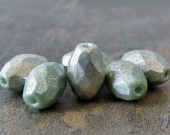 Mint Silver Czech Glass 12x8mm Faceted Oval : 6 pc Green Oval Bead