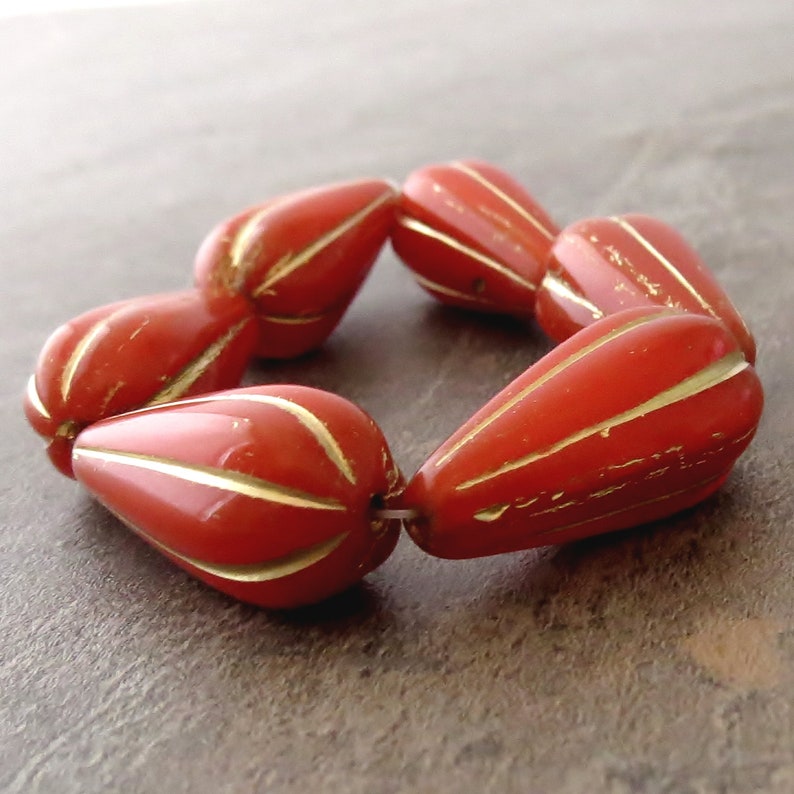 Lady Bug Red Orange Gold Wash 22mm Melon Drop Czech Glass Large Teardrop Bead image 2