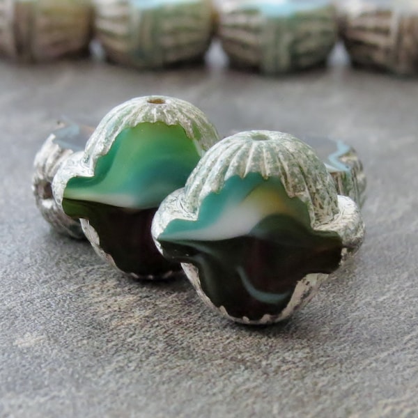 NEW Antique Silver Turquoise Topaz Czech Glass Saturn Slice 12mm Flying Saucer Bead :  4 pc UFO Bead