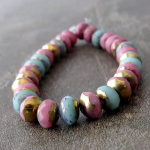 Pink Sky Blue Bronze Gold 5x3mm Czech Glass Beads Faceted Rondelle :  Full 30 pc Strand Rondelle