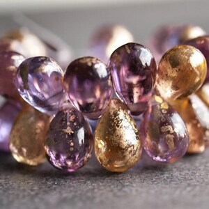 Gold Dust Czech Glass Bead 9x6mm Venetian Teardrop :  Full Strand Pink Lilac Gold Mix Drops