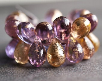 Gold Dust Czech Glass Bead 9x6mm Venetian Teardrop :  Full Strand Pink Lilac Gold Mix Drops