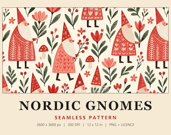 Christmas Gnome Seamless Pattern, Scandi Red Folk Digital Paper, Nordic Christmas Gift Wrap, Nordic Gnomes (Commercial Use)