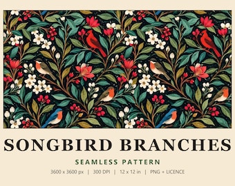 Songbird Seamless Pattern, Dark Botanical Bird Digital Paper, Robin Bluebird and Cardinal Print, Songbird Branches (Commercial Use)