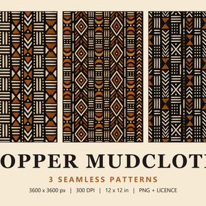 May include: Three rectangular panels featuring seamless patterns in black, white, and copper brown. The designs consist of repeating geometric shapes including triangles, diamonds, vertical lines, and dots. Text below reads COPPER MUDCLOTH 3 SEAMLESS PATTERNS 3600 x 3600 px | 300 DPI | 12 x 12 in | PNG + LICENCE.