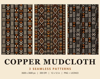 Black Mudcloth Seamless Pattern Set, 3 Rust and Cream Boho Tribal Digital Papers, Mud Cloth Print, Copper Mudcloth (Commercial Use)