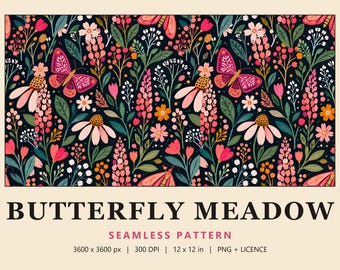 Butterfly Seamless Pattern, Pink Wildflower Digital Paper, Coneflower and Lupin Dark Floral Print, Butterfly Meadow (Commercial Use)